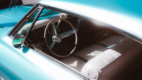 Steering Wheel in Classic Blue Car