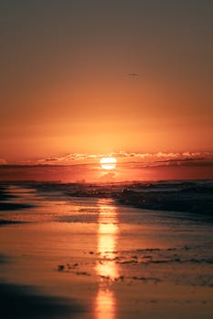 Tranquil sunset at the beach with vibrant colors and calming waves, ideal for relaxation and nature themes.