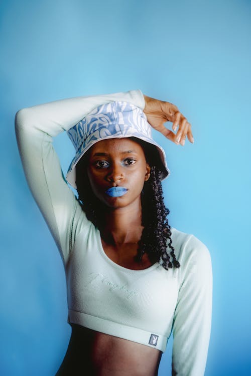 Portrait of Woman in Hat and with Blue Lips