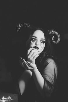 Enigmatic black-and-white portrait of a woman in Halloween costume with candles.