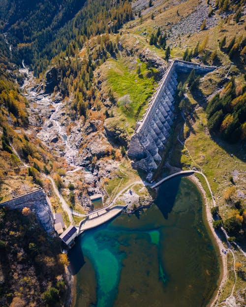 Bird's-eye view of Gleno Dam in Bergamo, Italy