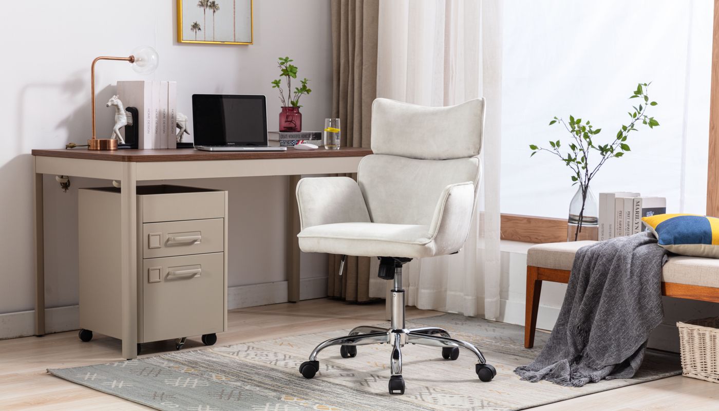 Bright home office with desk and white chair