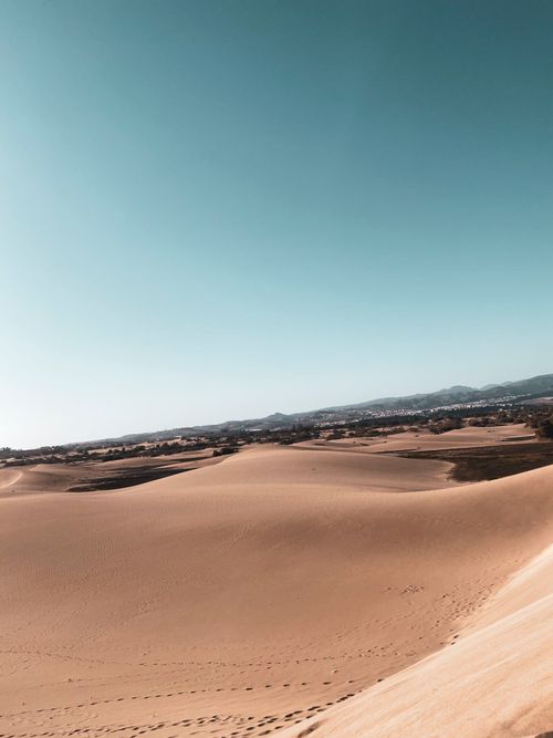 Free Expansive view of Maspalomas sand dunes under a clear blue sky in Canary Islands. Stock Photo