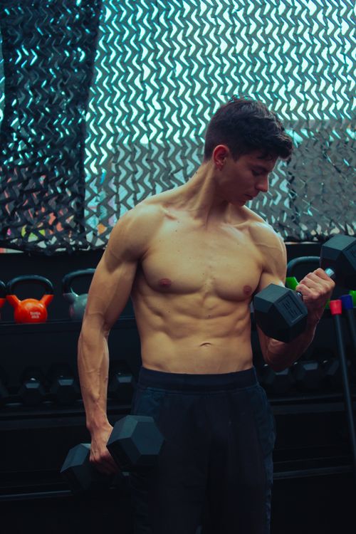 Free A shirtless man in a gym lifting dumbbells as part of a fitness workout routine. Stock Photo