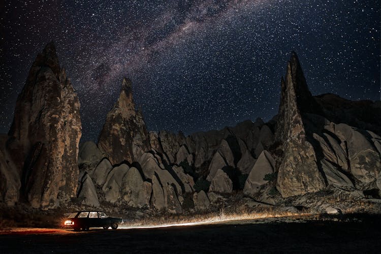 Starry Sky Above Rock Formations In Desert