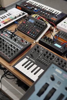 A variety of electronic synthesizers and music equipment on a mixing desk.