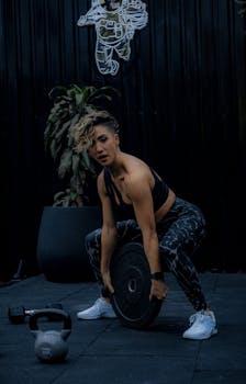 Fit woman lifting weight outdoors, demonstrating strength and active lifestyle.