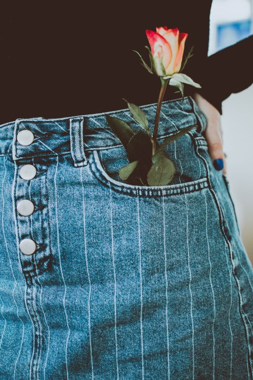Free Close-up of a denim skirt featuring a vibrant rose in the pocket, showcasing unique style. Stock Photo