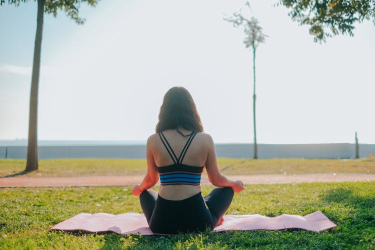 A Back View Of A Woman Meditating At The Park