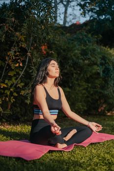 Woman practicing yoga meditation on a pink mat in a sunny park setting.