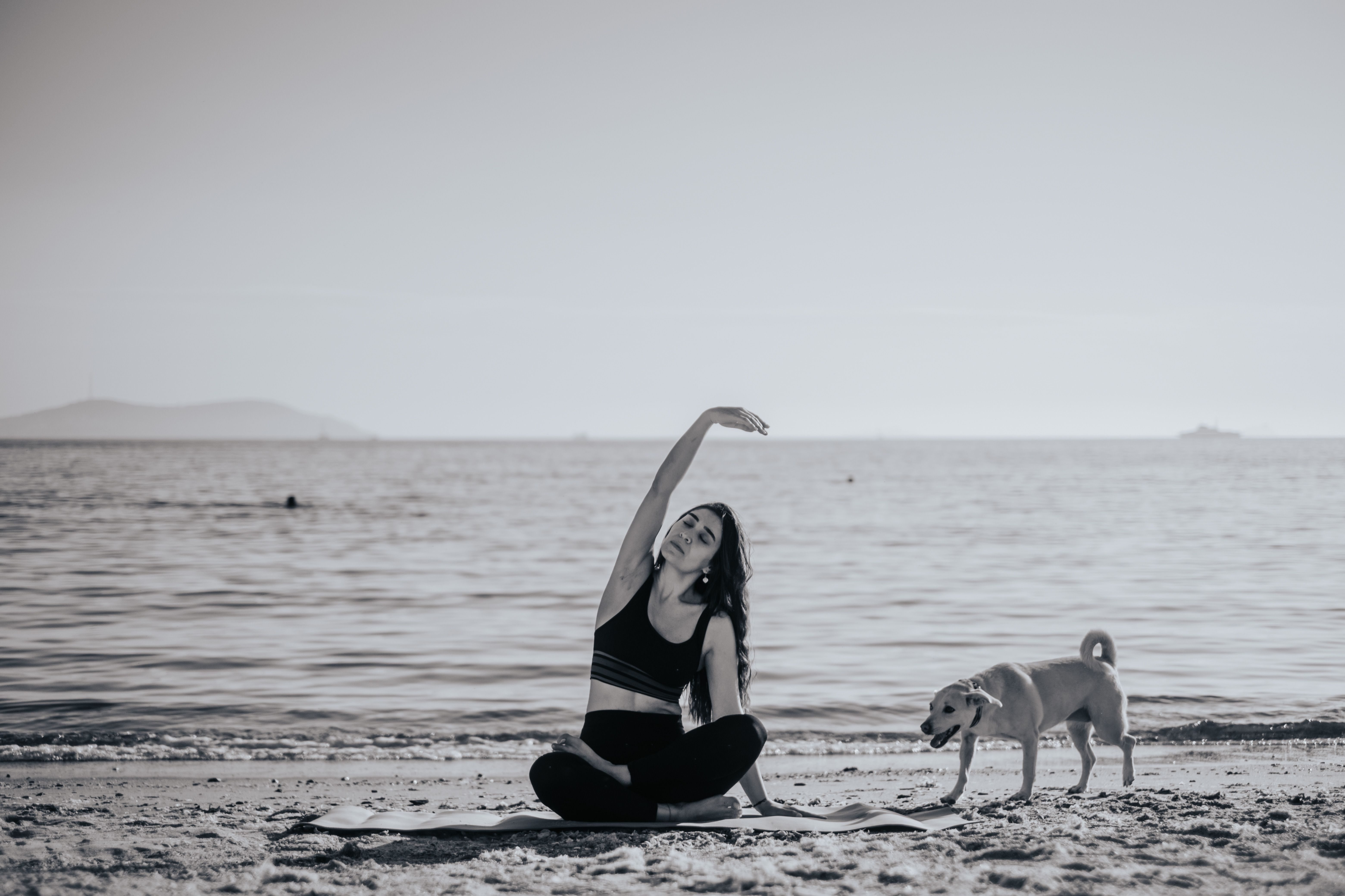 A woman performs yoga on a beach alongside a playful dog against a serene ocean backdrop.