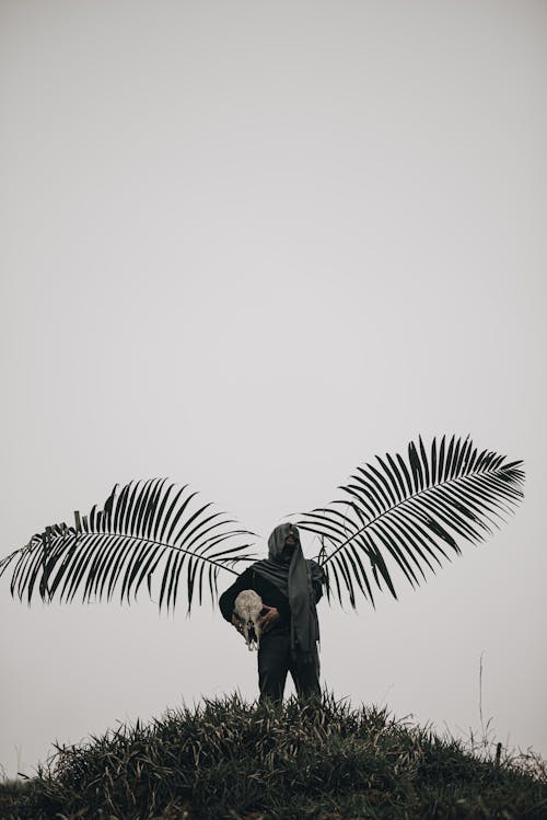 Man with Palm Tree Leaves Standing on Hill