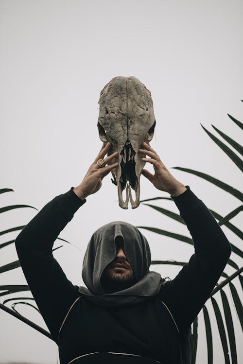 Man in a Costume Holding an Animal Skull over His Head