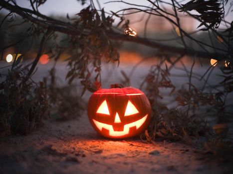A carved Jack-o'-lantern glowing on a nighttime outdoor scene, evoking Halloween spirit.