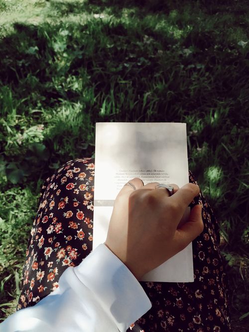 Free A serene moment of reading outdoors, showcasing a hand holding an open book in a sunlit garden. Stock Photo