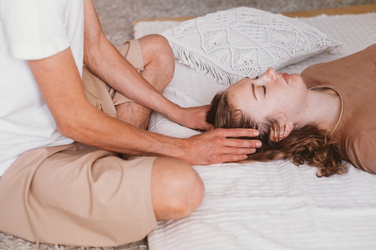 Man Hands Touching Woman Hair