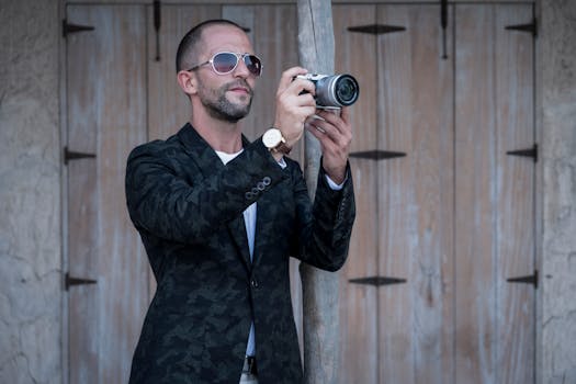 一位时尚男子戴着墨镜在城市中拍照