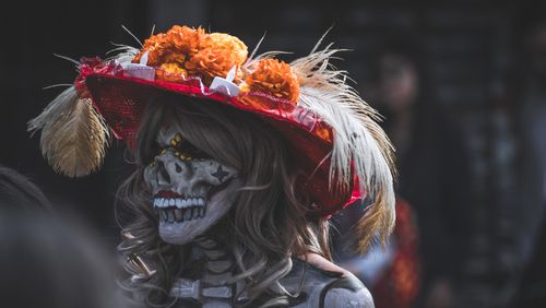 Free Colorful Dia de los Muertos skull costume with flowers and feathers. Stock Photo