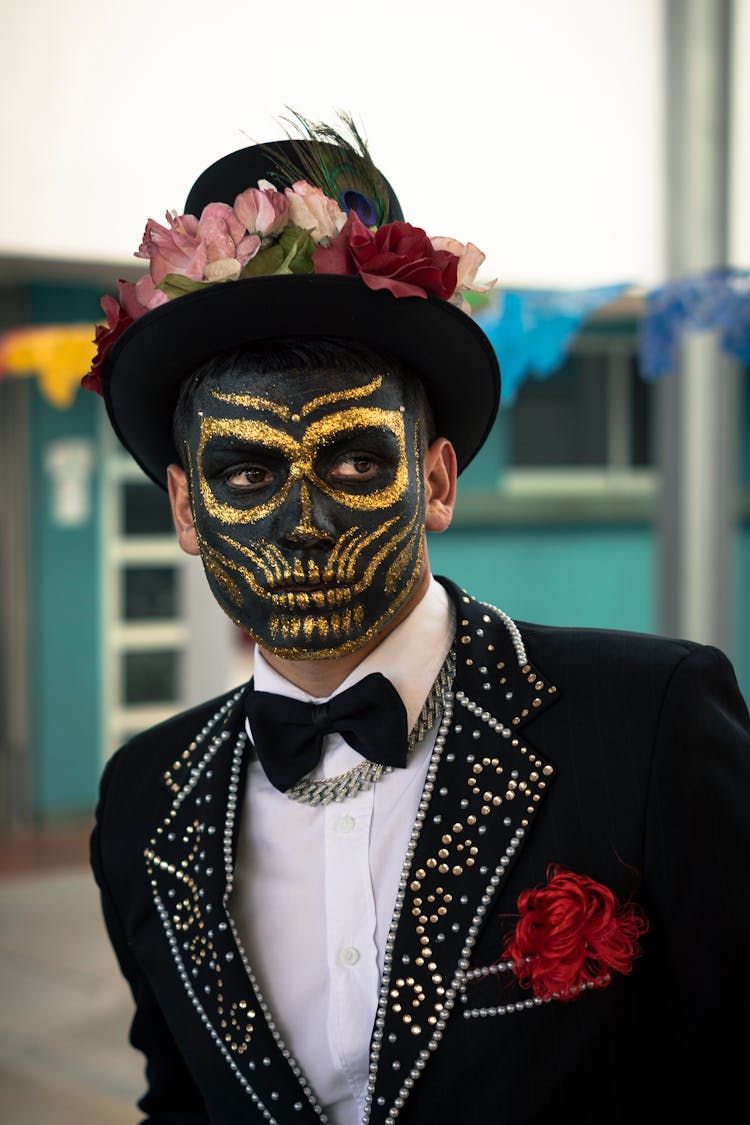 Man Wearing Suit And Dia De Los Muertos Makeup