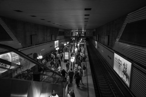 Free Monochrome image of a crowded İzmir subway station platform with commuters. Stock Photo