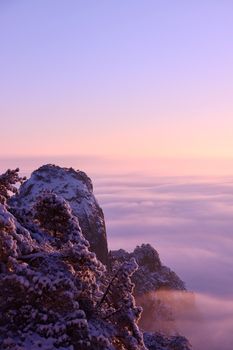 Stunning view of snow-covered mountain peaks emerging through clouds during a tranquil sunrise.
