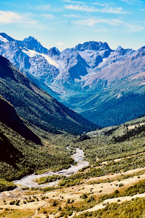 Landscape of a Valley and Rocky Mountain Range 