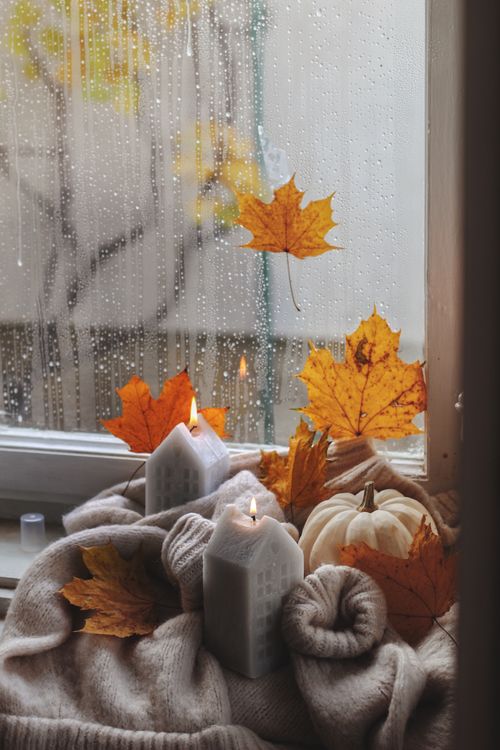 Free Warm autumnal setup by a rainy window with candles, leaves, and a pumpkin. Stock Photo