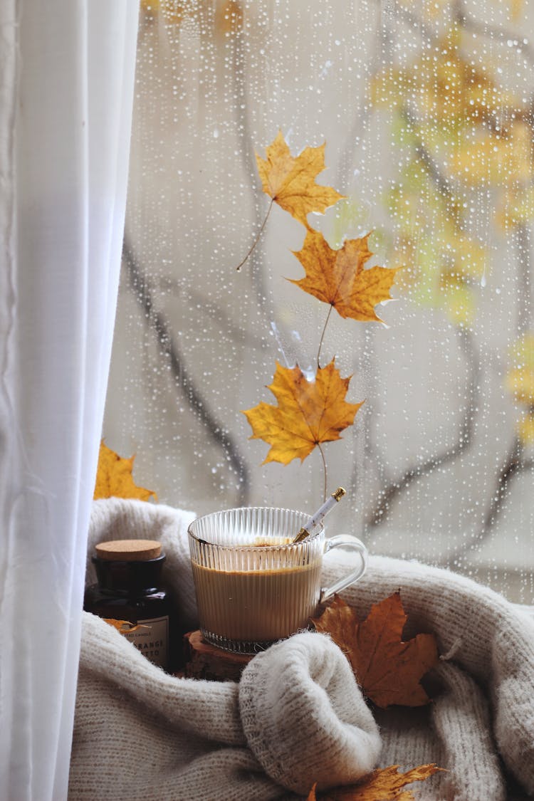 Autumn Windowsill Decoration With Coffee 