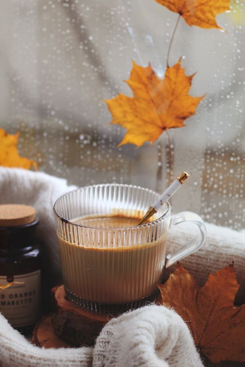 Free A warm cup of coffee by a rainy window, surrounded by autumn leaves, evokes a cozy fall vibe. Stock Photo