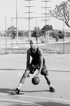 Athlete practicing dribbling on outdoor basketball court in monochrome.