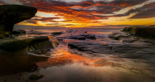 Brown Rocky Shore during Sunset