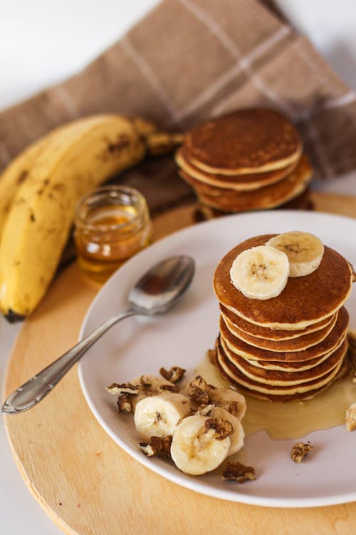 Free Pancakes with Banana and Honey  Stock Photo