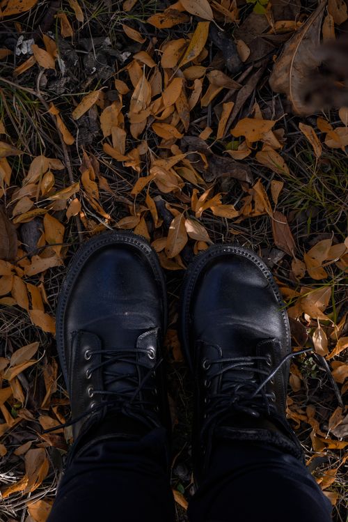 Free Black boots on dry autumn leaves creating a seasonal, rugged look. Stock Photo