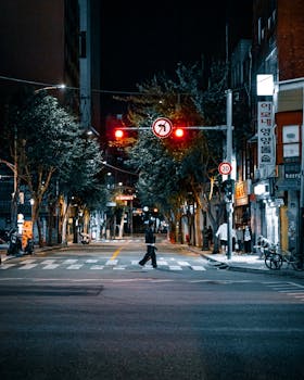 A pedestrian crosses an urban street in Seoul at night, under the glow of traffic lights.