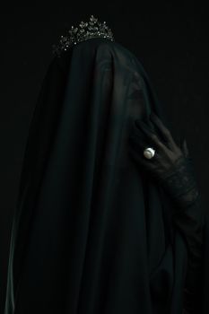 A mysterious portrait of a veiled woman with a crown captured in a dark, moody setting.