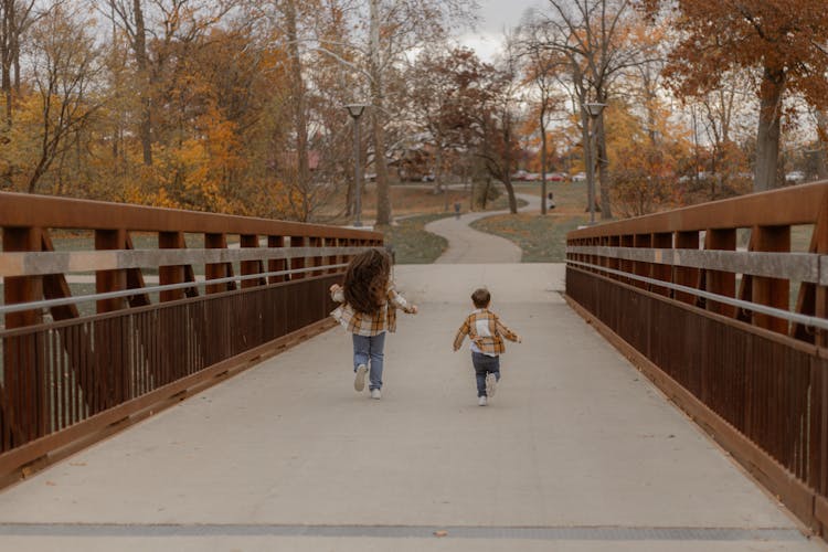 Kids Running On A Wooden Bridge