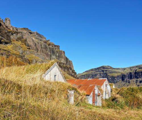 Wooden Houses on a Grassy Field