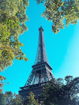 A captivating view of the Eiffel Tower framed by lush trees on a sunny day in Paris.