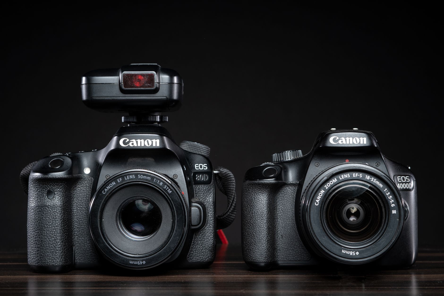 Close-up shot of two professional DSLR cameras with lenses on a dark background.