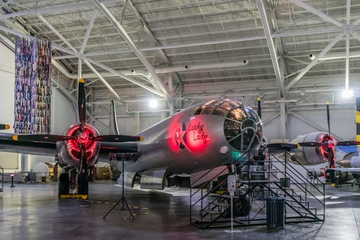 Boeing B-50 Lucky Lady on display in a well-lit aircraft museum hangar.