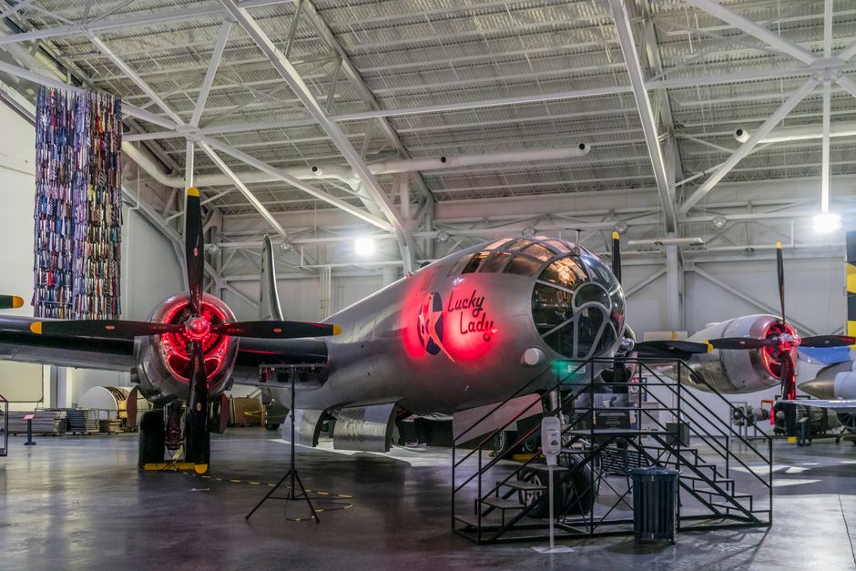 Boeing B-50 Lucky Lady on display in a well-lit aircraft museum hangar.