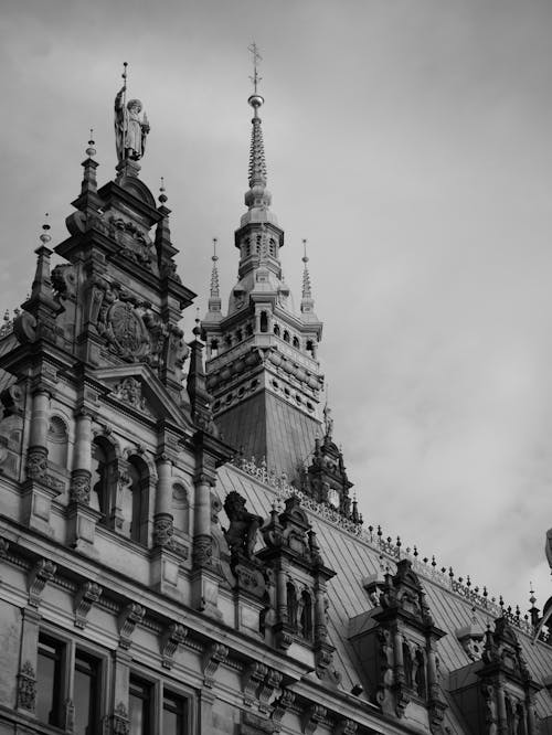 Grayscale Photo of Intricate Designs of a Building