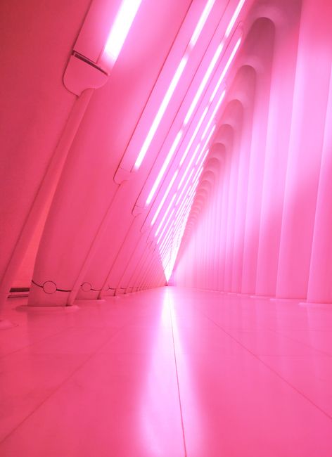 A modern pink hallway with glowing lights creating a futuristic vibe. Ideal for tech themes.