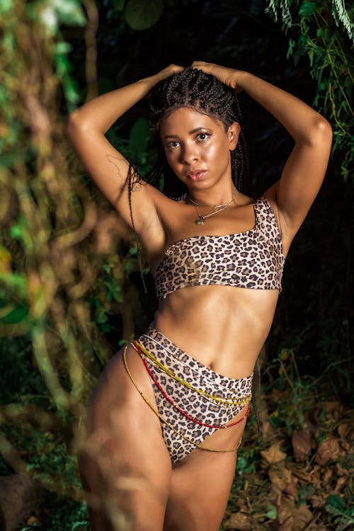 A Woman Wearing Leopard Print Bikini