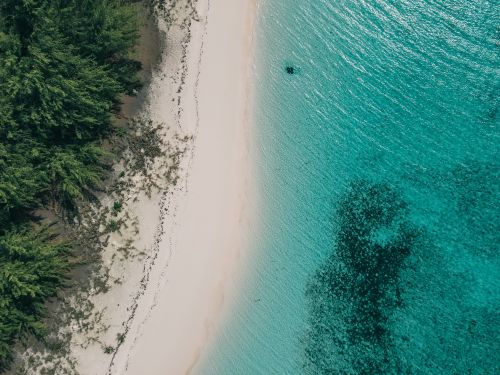 Free A breathtaking aerial view of a secluded beach with turquoise waters and lush greenery. Stock Photo