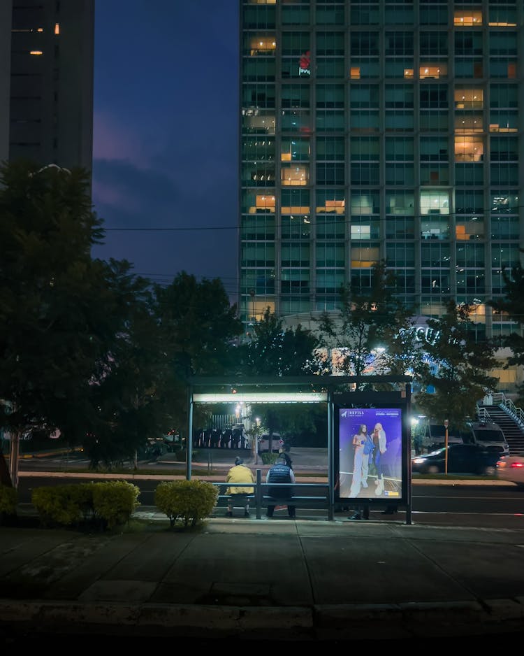 People Sitting Under Bus Shelter In City At Night