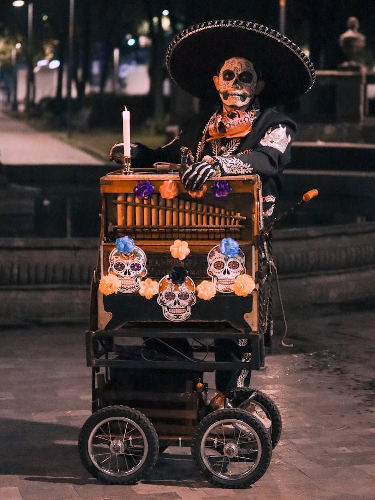 Organ Grinder Wearing A Santa Muerte Costume