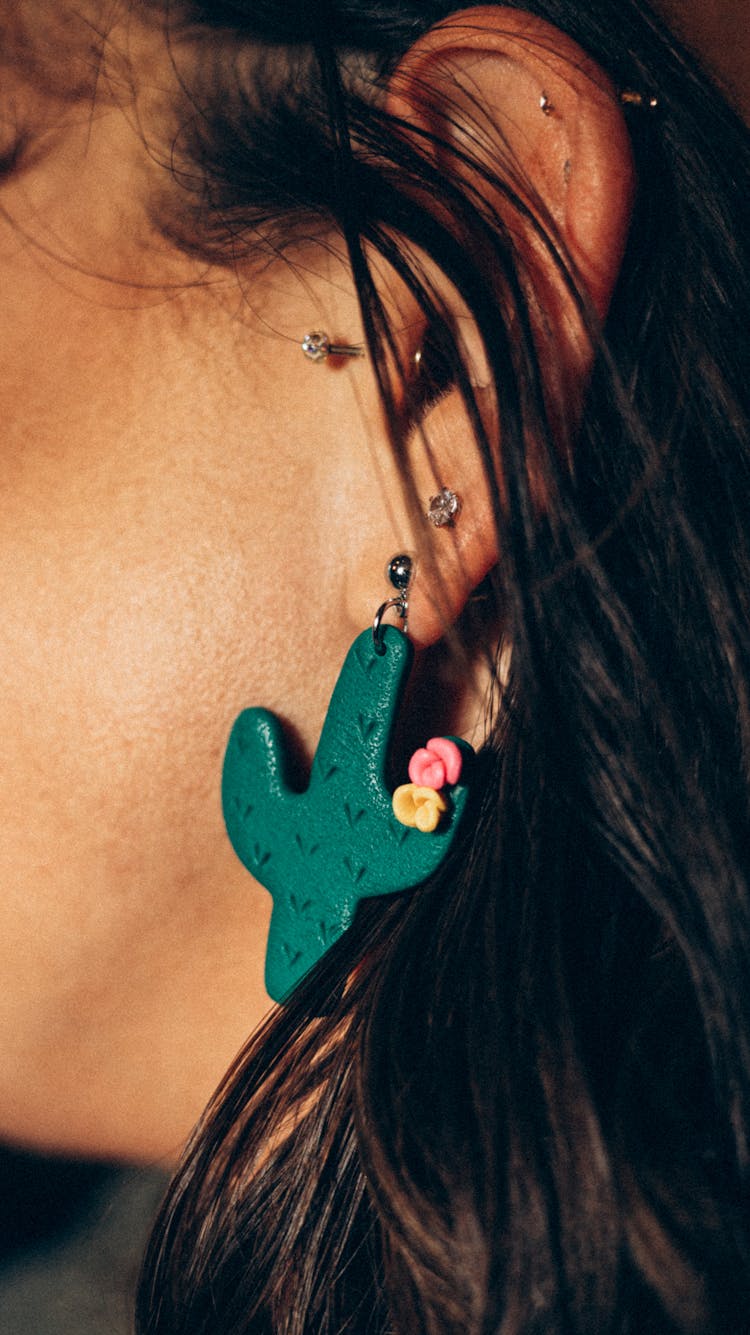 Cactus Earring On Woman Face