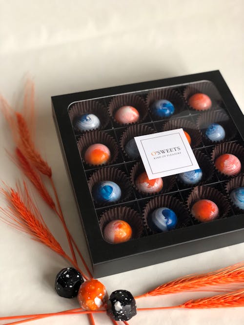 Close-up of a Box of Chocolate Pralines 