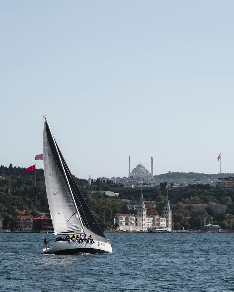 Sailing Team On Sailboat In Bosporus At Istanbul Turkey